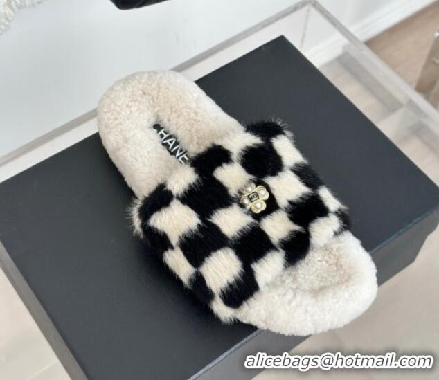 Top Grade Chanel Rabbit Fur Check Flat Slide Sandals Black/White 918060