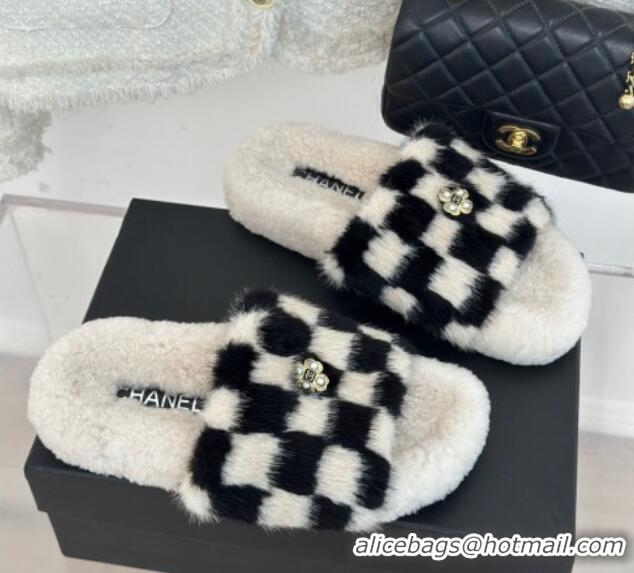 Top Grade Chanel Rabbit Fur Check Flat Slide Sandals Black/White 918060