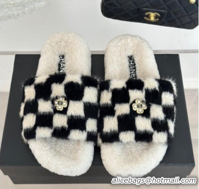 Top Grade Chanel Rabbit Fur Check Flat Slide Sandals Black/White 918060