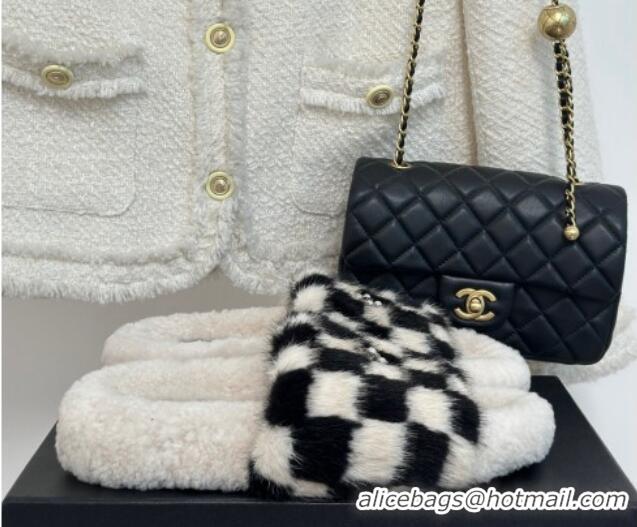 Top Grade Chanel Rabbit Fur Check Flat Slide Sandals Black/White 918060