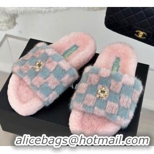 Durable Chanel Rabbit Fur Check Flat Slide Sandals Light Pink/Blue 918061