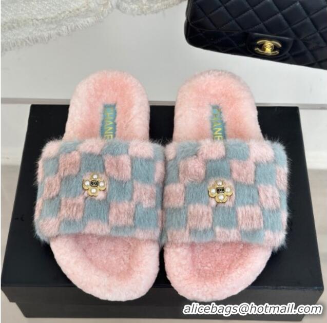 Durable Chanel Rabbit Fur Check Flat Slide Sandals Light Pink/Blue 918061