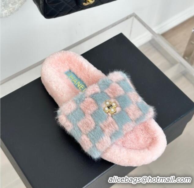 Durable Chanel Rabbit Fur Check Flat Slide Sandals Light Pink/Blue 918061