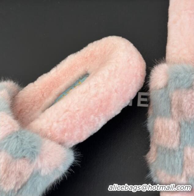 Durable Chanel Rabbit Fur Check Flat Slide Sandals Light Pink/Blue 918061