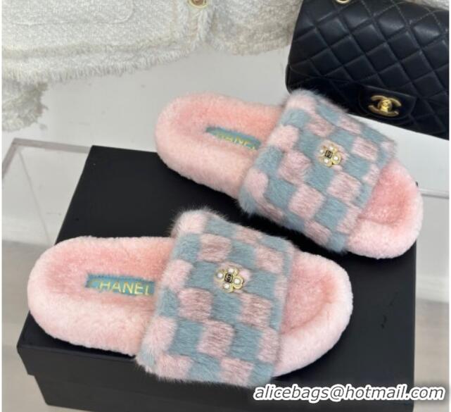 Durable Chanel Rabbit Fur Check Flat Slide Sandals Light Pink/Blue 918061