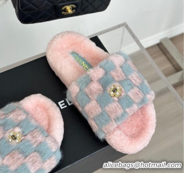 Durable Chanel Rabbit Fur Check Flat Slide Sandals Light Pink/Blue 918061