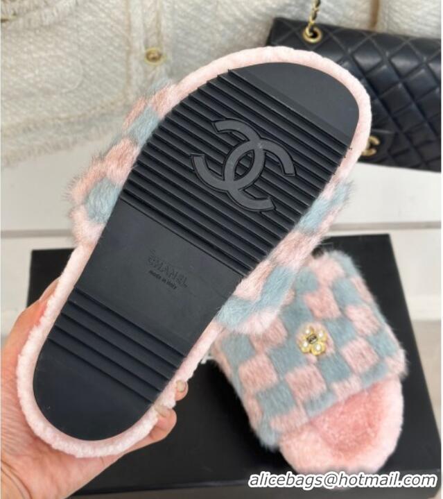 Durable Chanel Rabbit Fur Check Flat Slide Sandals Light Pink/Blue 918061