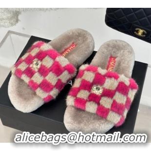 Unique Style Chanel Rabbit Fur Check Flat Slide Sandals Dark Pink/Beige 918062