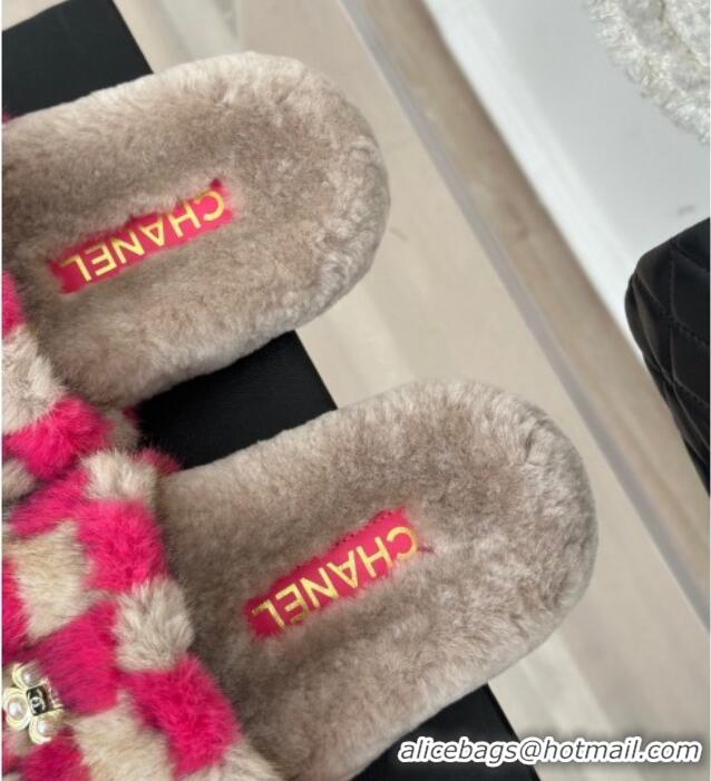 Unique Style Chanel Rabbit Fur Check Flat Slide Sandals Dark Pink/Beige 918062