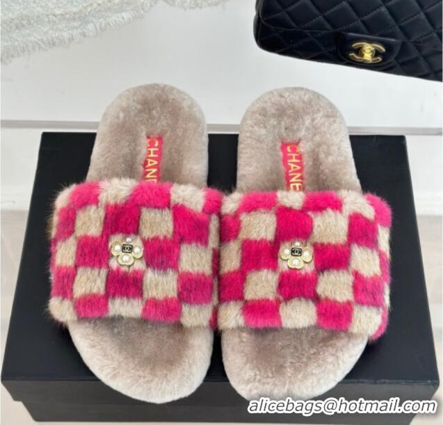 Unique Style Chanel Rabbit Fur Check Flat Slide Sandals Dark Pink/Beige 918062