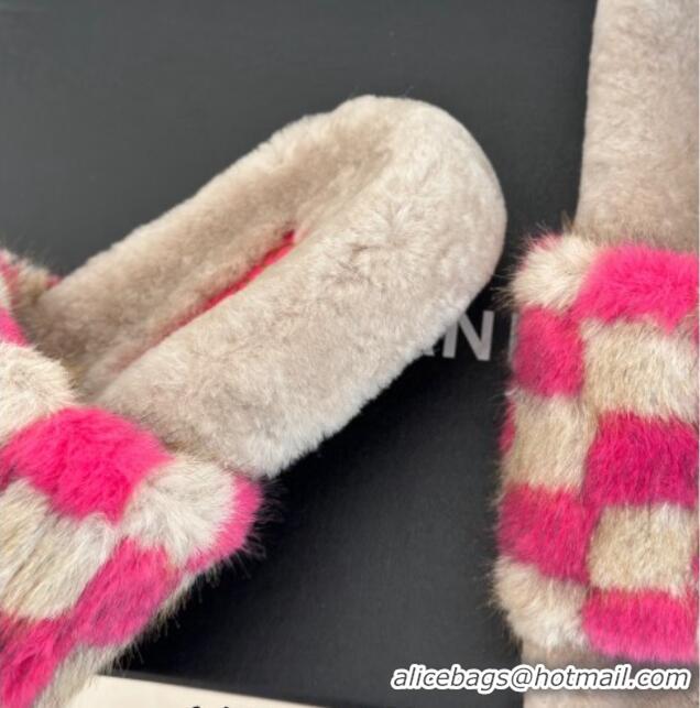 Unique Style Chanel Rabbit Fur Check Flat Slide Sandals Dark Pink/Beige 918062