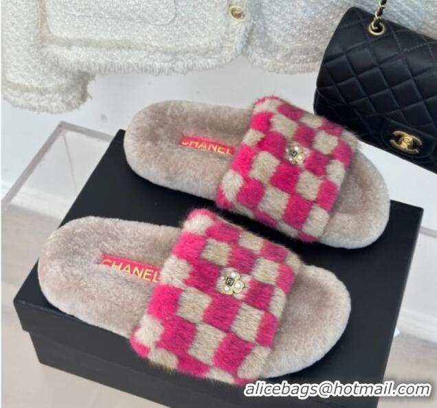 Unique Style Chanel Rabbit Fur Check Flat Slide Sandals Dark Pink/Beige 918062