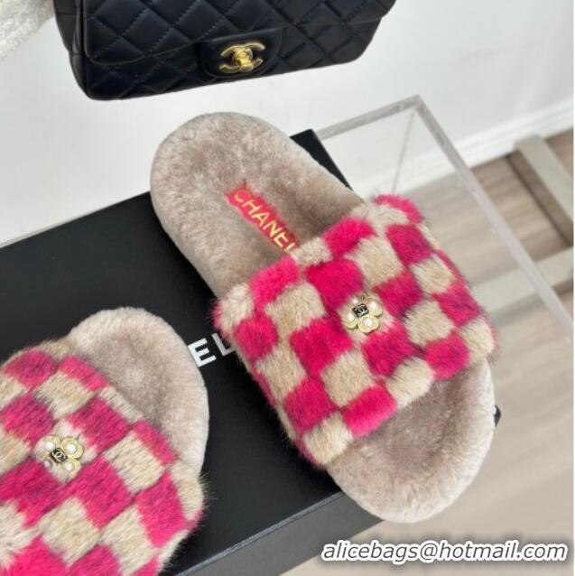 Unique Style Chanel Rabbit Fur Check Flat Slide Sandals Dark Pink/Beige 918062