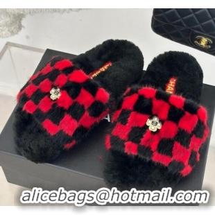 Good Looking Chanel Rabbit Fur Check Flat Slide Sandals Black/Red 918063