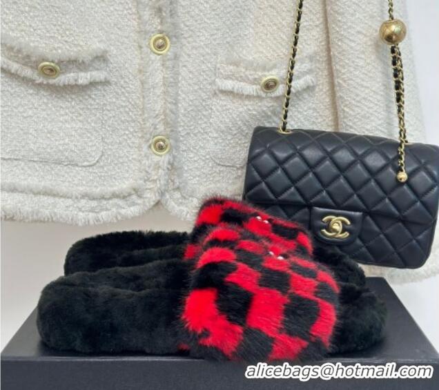 Good Looking Chanel Rabbit Fur Check Flat Slide Sandals Black/Red 918063