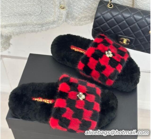 Good Looking Chanel Rabbit Fur Check Flat Slide Sandals Black/Red 918063