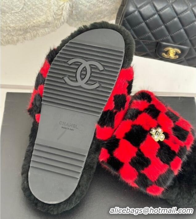 Good Looking Chanel Rabbit Fur Check Flat Slide Sandals Black/Red 918063