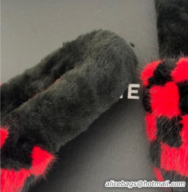 Good Looking Chanel Rabbit Fur Check Flat Slide Sandals Black/Red 918063