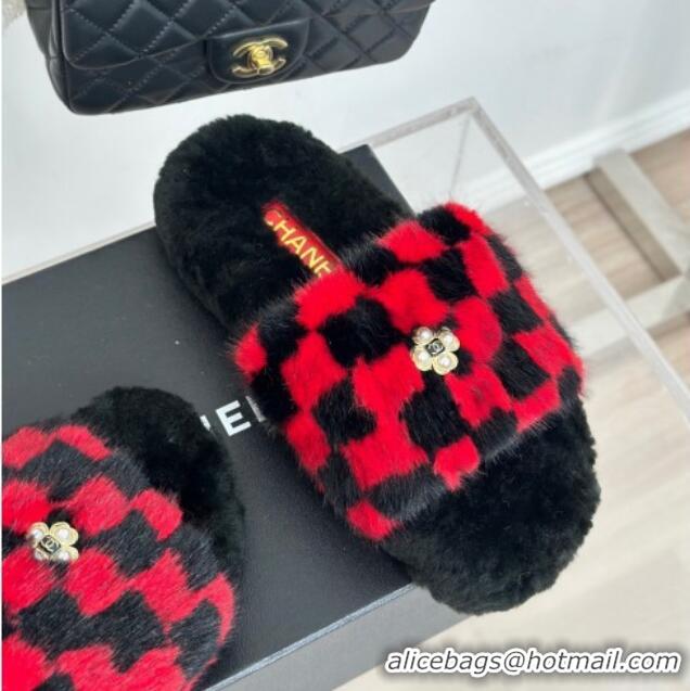 Good Looking Chanel Rabbit Fur Check Flat Slide Sandals Black/Red 918063