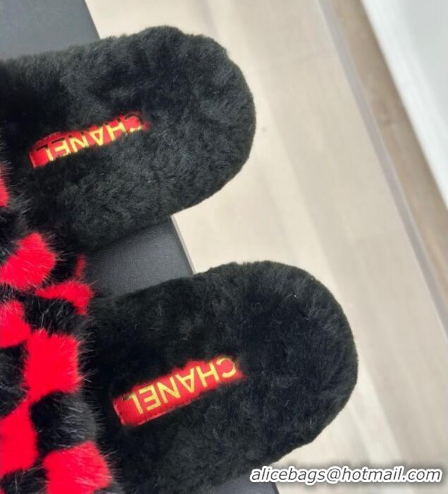 Good Looking Chanel Rabbit Fur Check Flat Slide Sandals Black/Red 918063