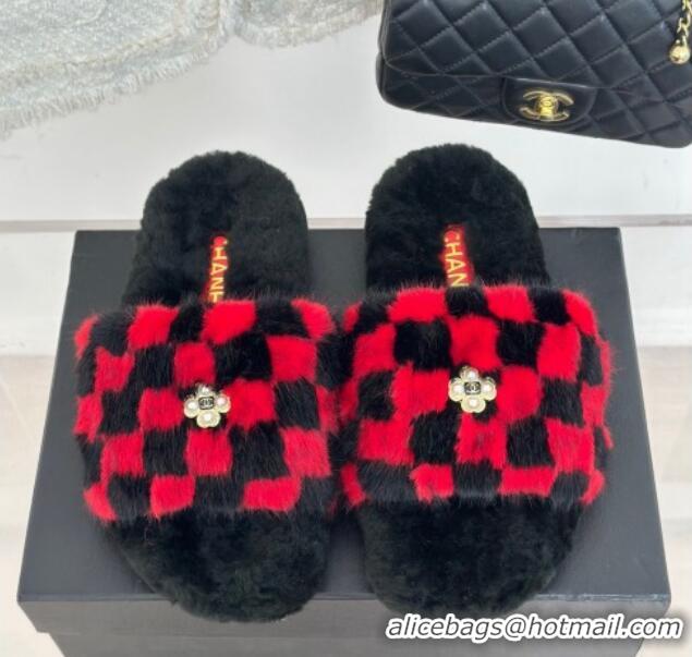 Good Looking Chanel Rabbit Fur Check Flat Slide Sandals Black/Red 918063