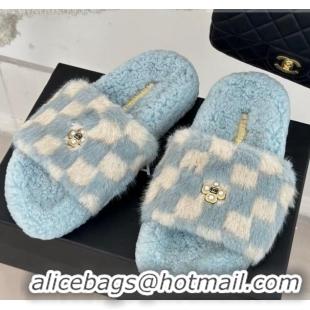 Good Quality Chanel Rabbit Fur Check Flat Slide Sandals Light Blue/White 918064