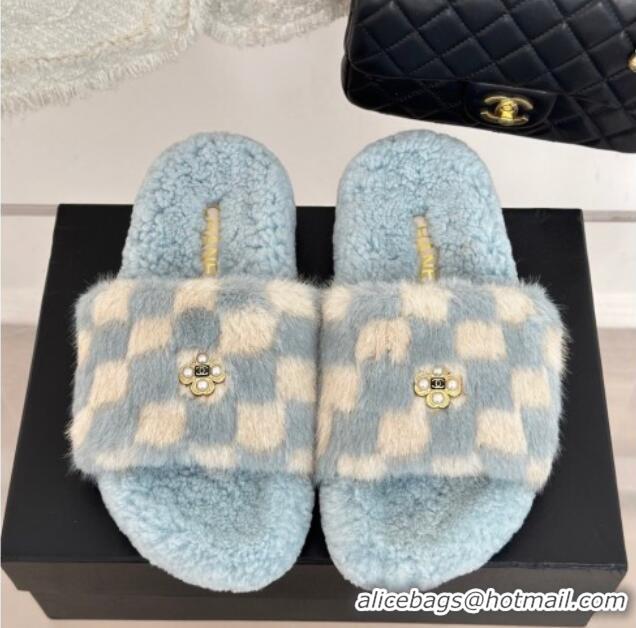 Good Quality Chanel Rabbit Fur Check Flat Slide Sandals Light Blue/White 918064