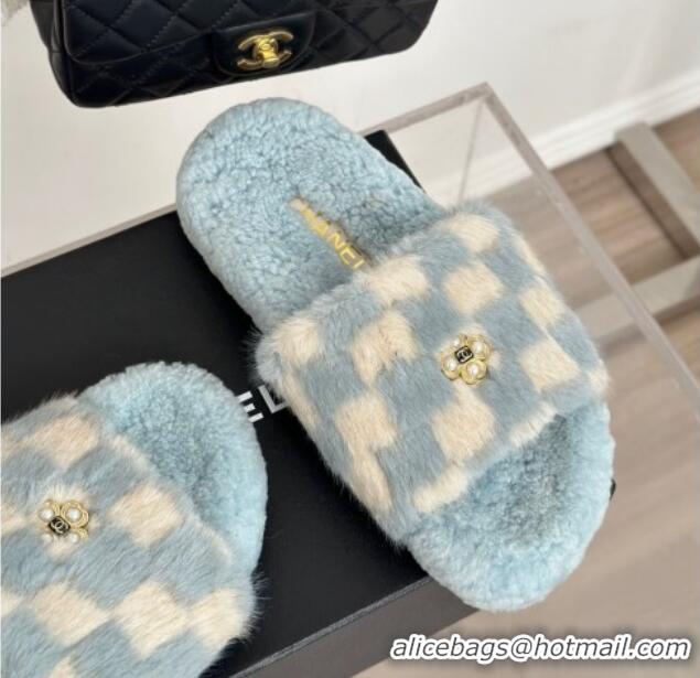 Good Quality Chanel Rabbit Fur Check Flat Slide Sandals Light Blue/White 918064