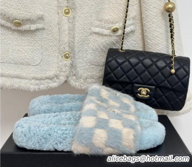 Good Quality Chanel Rabbit Fur Check Flat Slide Sandals Light Blue/White 918064