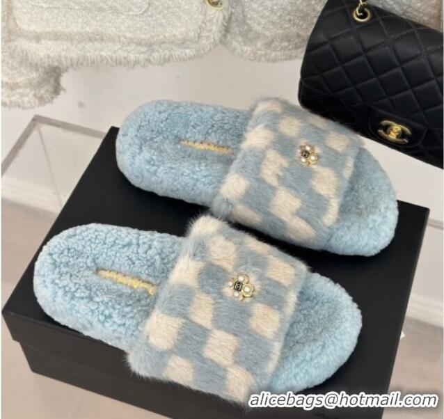 Good Quality Chanel Rabbit Fur Check Flat Slide Sandals Light Blue/White 918064