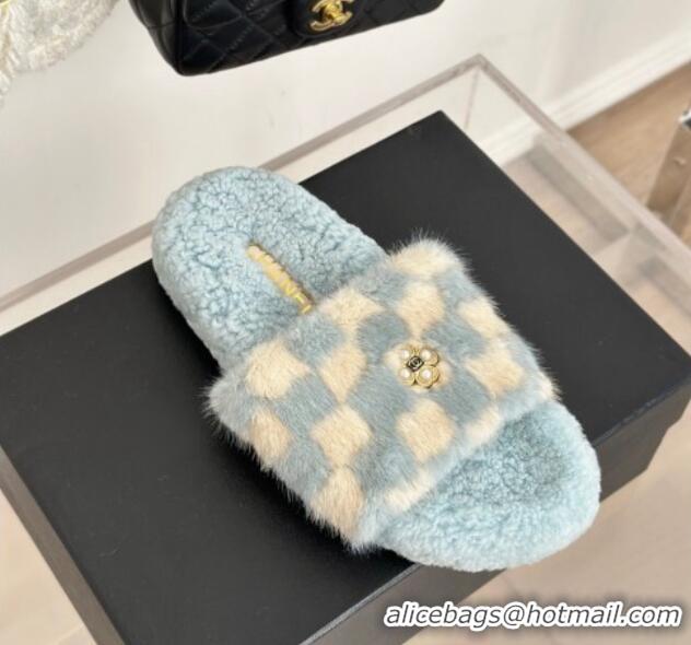 Good Quality Chanel Rabbit Fur Check Flat Slide Sandals Light Blue/White 918064