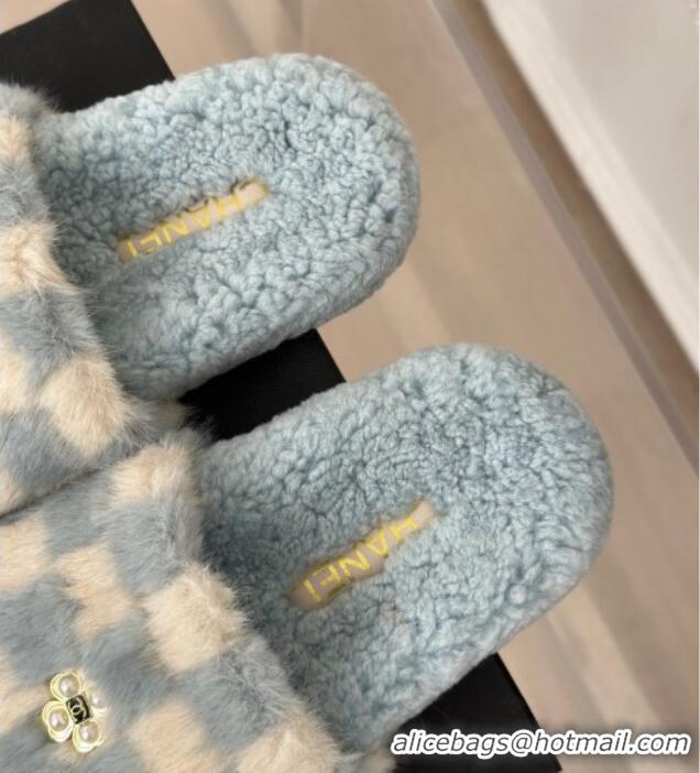 Good Quality Chanel Rabbit Fur Check Flat Slide Sandals Light Blue/White 918064