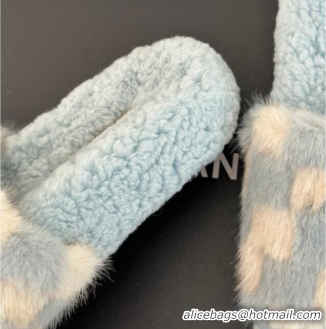 Good Quality Chanel Rabbit Fur Check Flat Slide Sandals Light Blue/White 918064