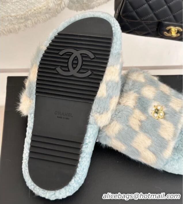 Good Quality Chanel Rabbit Fur Check Flat Slide Sandals Light Blue/White 918064