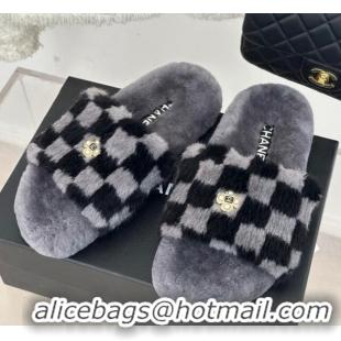 Best Grade Chanel Rabbit Fur Check Flat Slide Sandals Dark Grey 918065