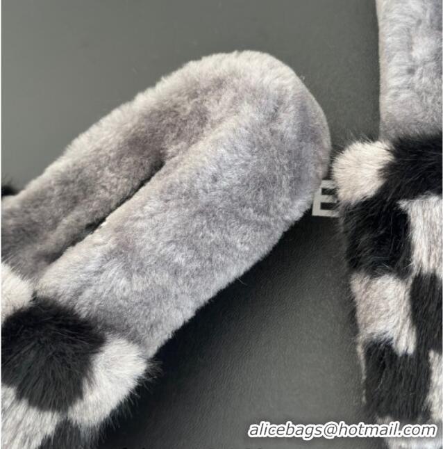 Best Grade Chanel Rabbit Fur Check Flat Slide Sandals Dark Grey 918065