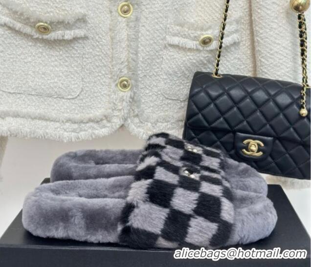 Best Grade Chanel Rabbit Fur Check Flat Slide Sandals Dark Grey 918065