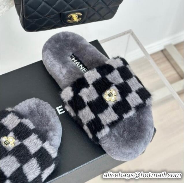 Best Grade Chanel Rabbit Fur Check Flat Slide Sandals Dark Grey 918065