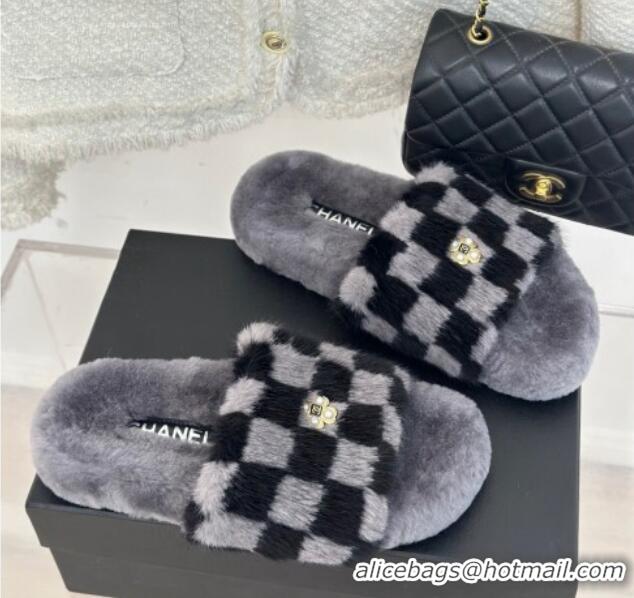 Best Grade Chanel Rabbit Fur Check Flat Slide Sandals Dark Grey 918065