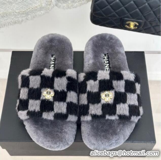 Best Grade Chanel Rabbit Fur Check Flat Slide Sandals Dark Grey 918065