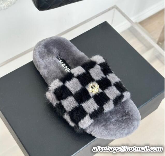 Best Grade Chanel Rabbit Fur Check Flat Slide Sandals Dark Grey 918065