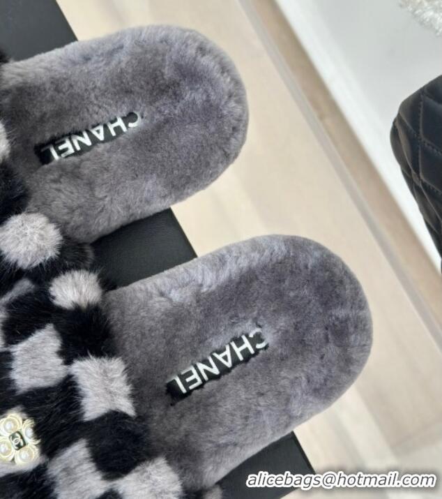 Best Grade Chanel Rabbit Fur Check Flat Slide Sandals Dark Grey 918065