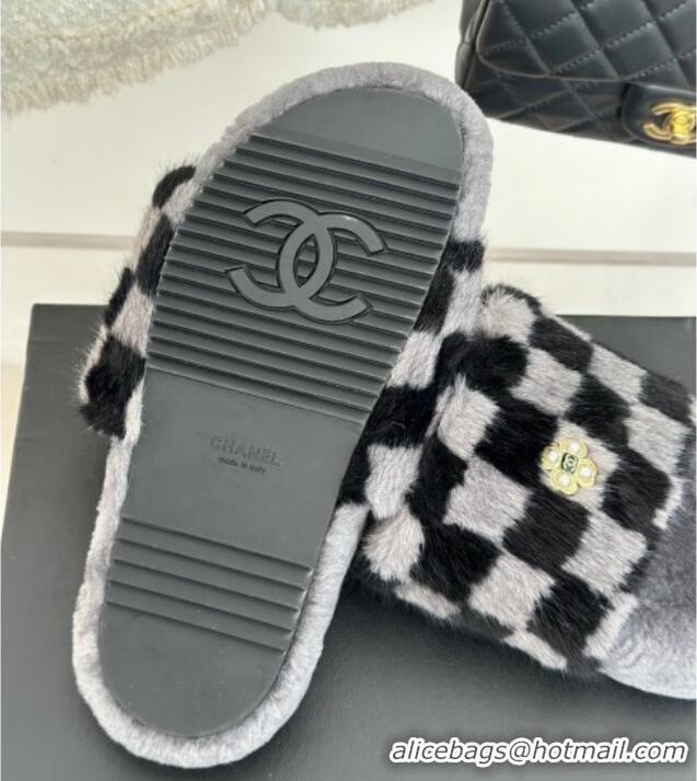 Best Grade Chanel Rabbit Fur Check Flat Slide Sandals Dark Grey 918065