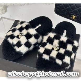 Grade Quality Chanel Rabbit Fur Check Flat Slide Sandals Black/White 918066