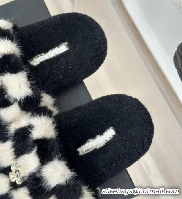 Grade Quality Chanel Rabbit Fur Check Flat Slide Sandals Black/White 918066