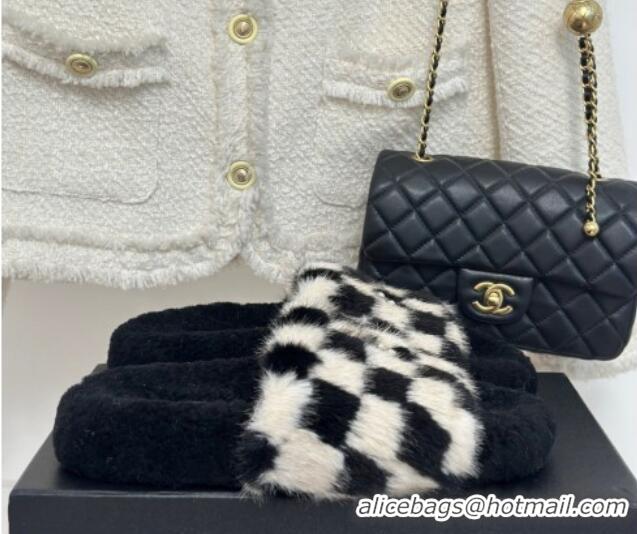 Grade Quality Chanel Rabbit Fur Check Flat Slide Sandals Black/White 918066