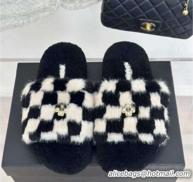 Grade Quality Chanel Rabbit Fur Check Flat Slide Sandals Black/White 918066