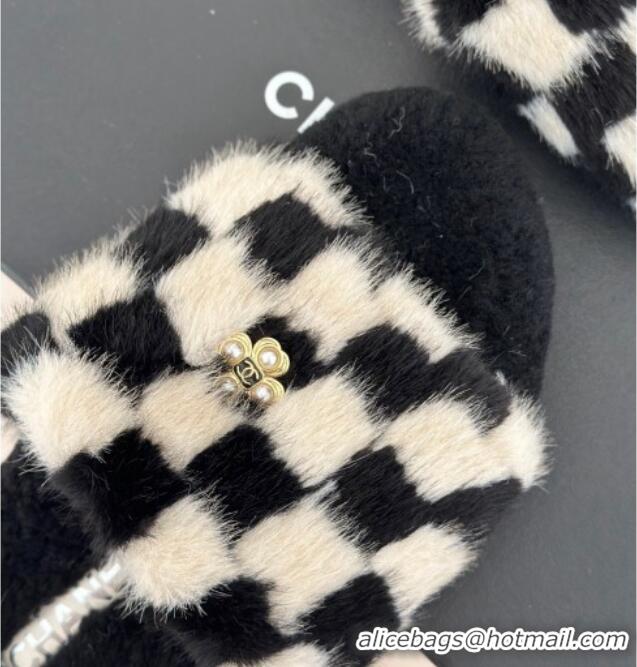 Grade Quality Chanel Rabbit Fur Check Flat Slide Sandals Black/White 918066