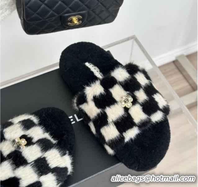 Grade Quality Chanel Rabbit Fur Check Flat Slide Sandals Black/White 918066