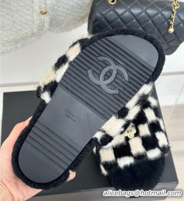 Grade Quality Chanel Rabbit Fur Check Flat Slide Sandals Black/White 918066